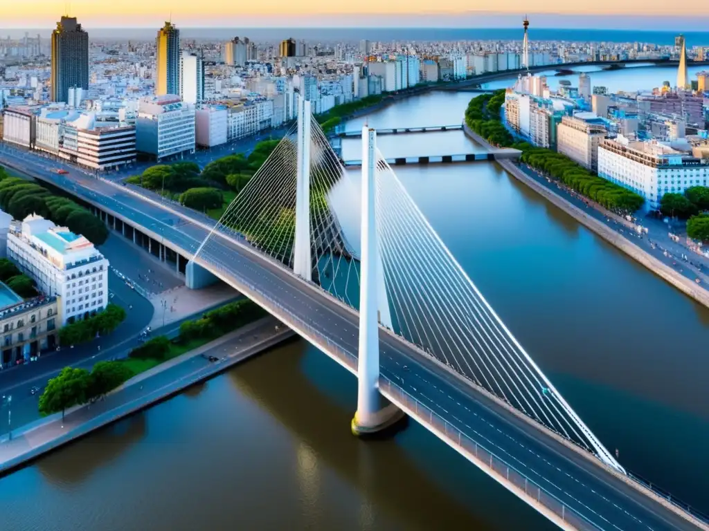 Vista panorámica del icónico Puente de la Mujer en Buenos Aires, Argentina, destacando su diseño moderno y su integración en el paisaje urbano