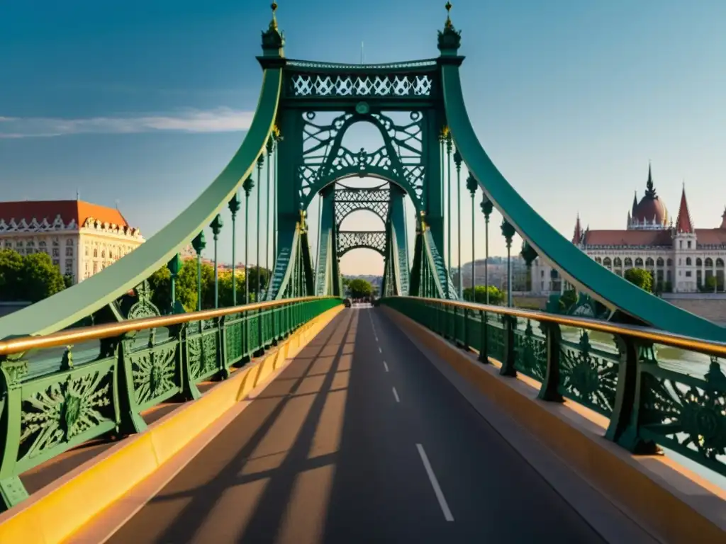 Vista panorámica del icónico Puente de la Libertad en Budapest, resaltando su elegante diseño y la vitalidad urbana junto al río Danubio al atardecer