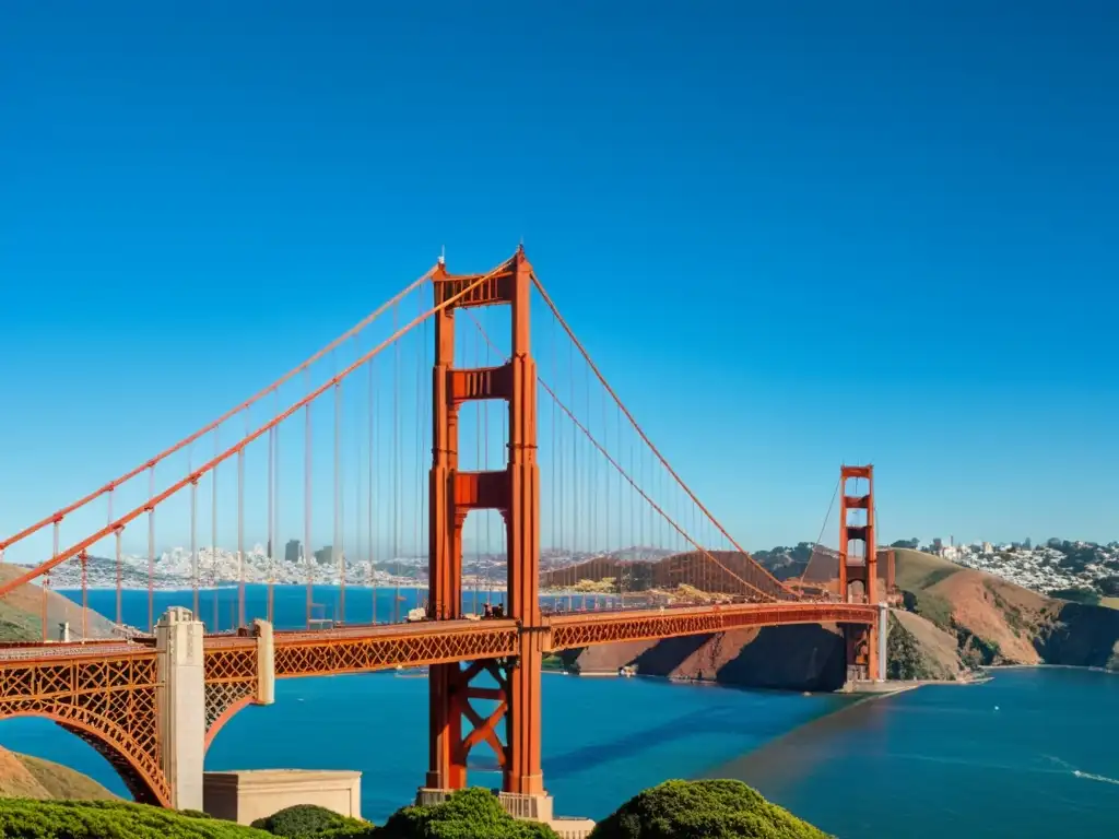 Vista panorámica del icónico puente Golden Gate en San Francisco, resaltando su significado cultural y detalles arquitectónicos