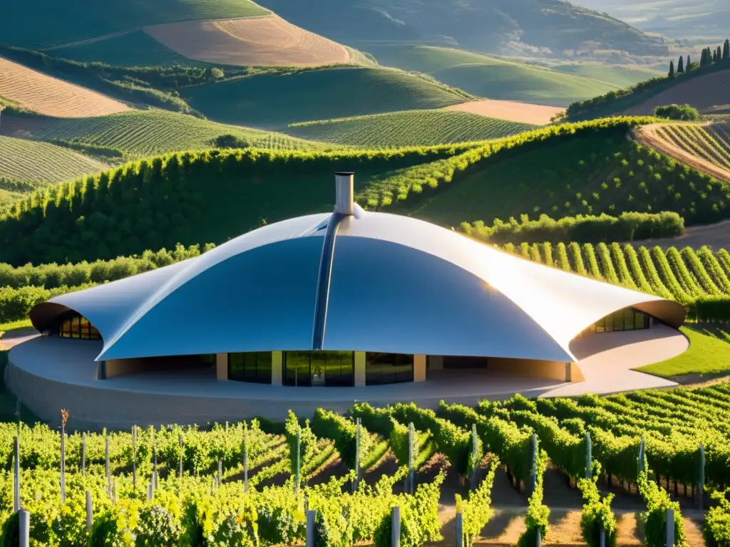 Vista panorámica de la impresionante bodega Bodegas Ysios en La Rioja, España, rodeada de viñedos y colinas