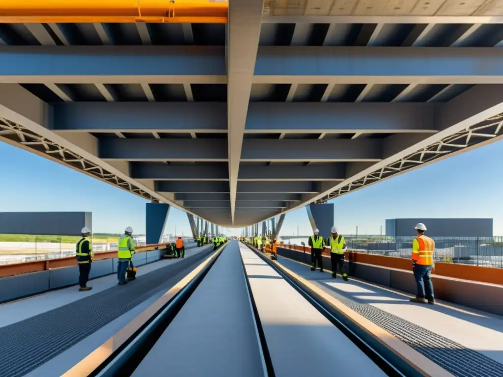 Vista panorámica de ingenieros y trabajadores en un sitio de construcción de puente, destacando la integración de materiales híbridos en puentes