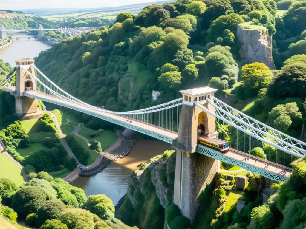 Vista panorámica del majestuoso Puente de Clifton en Bristol, con un cálido resplandor dorado y una emocionante sensación de desafío y supersticiones