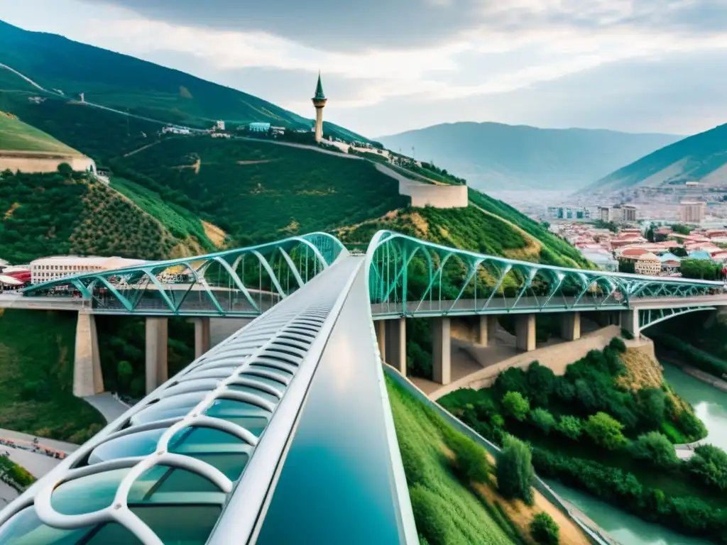 Vista panorámica del moderno Puente de la Paz en Tbilisi, Georgia, contrastando con la arquitectura tradicional, reflejando la vitalidad de la ciudad