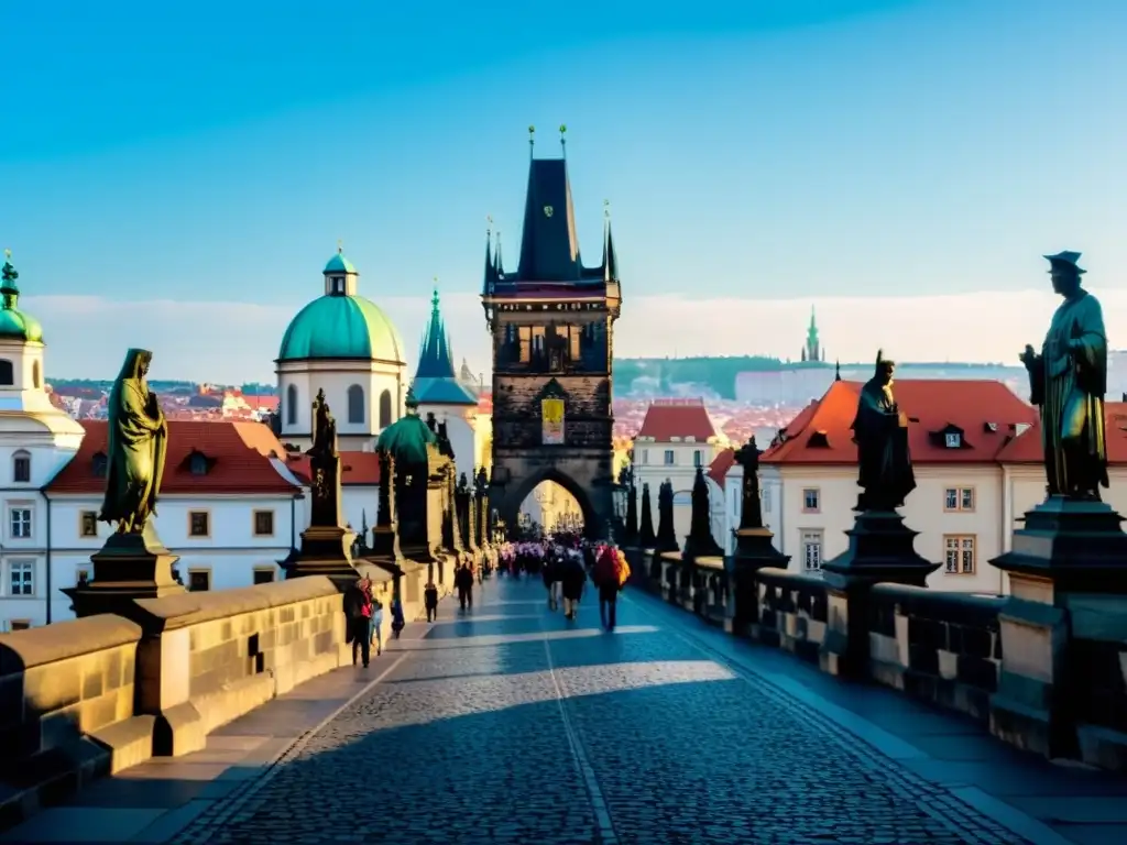 Vista panorámica del Puente de Carlos en Praga, con su arquitectura gótica detallada y el río Vltava