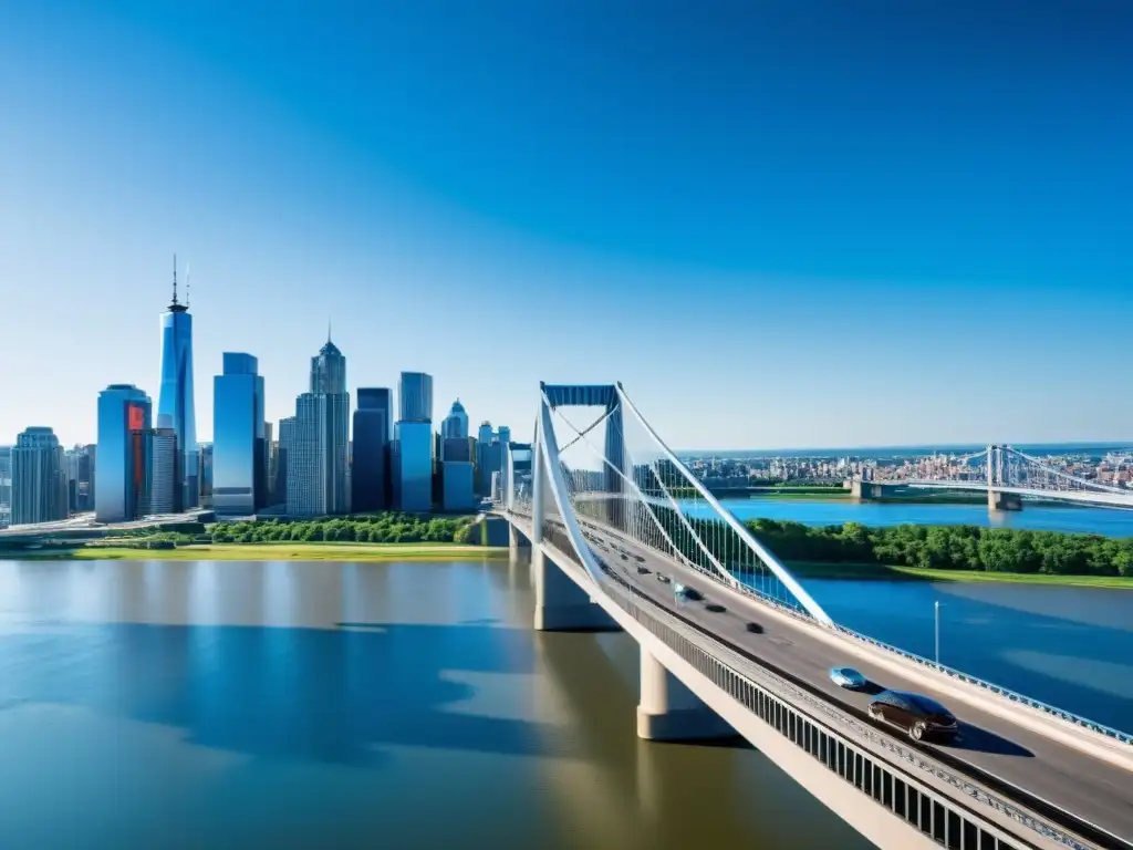 Vista panorámica de un puente moderno sobre un río, con la ciudad de fondo