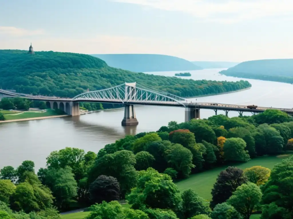 Vista panorámica del Puente Walkway Over the Hudson, con el río Hudson fluyendo bajo y visitantes disfrutando de las vistas pintorescas