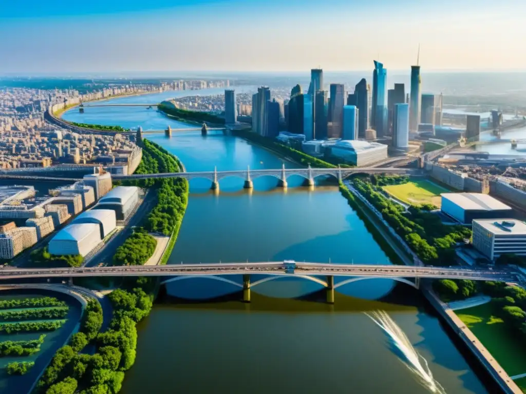 Vista panorámica de puentes en una ciudad costera con exposiciones de arte