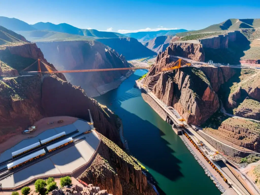 Vista panorámica del sitio de construcción del Puente Royal Gorge, destacando la innovadora labor y complejidad del proyecto de construcción