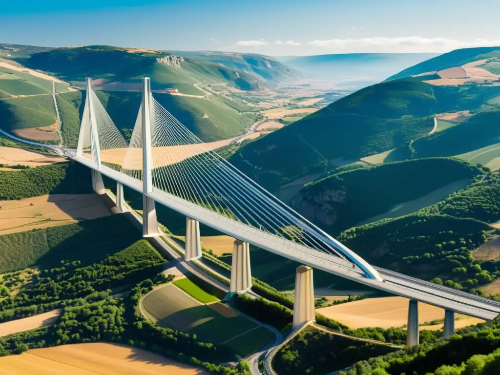 Vista panorámica del Viaducto de Millau, destacando la fusión de estilos entre el diseño moderno del puente y la belleza natural del entorno