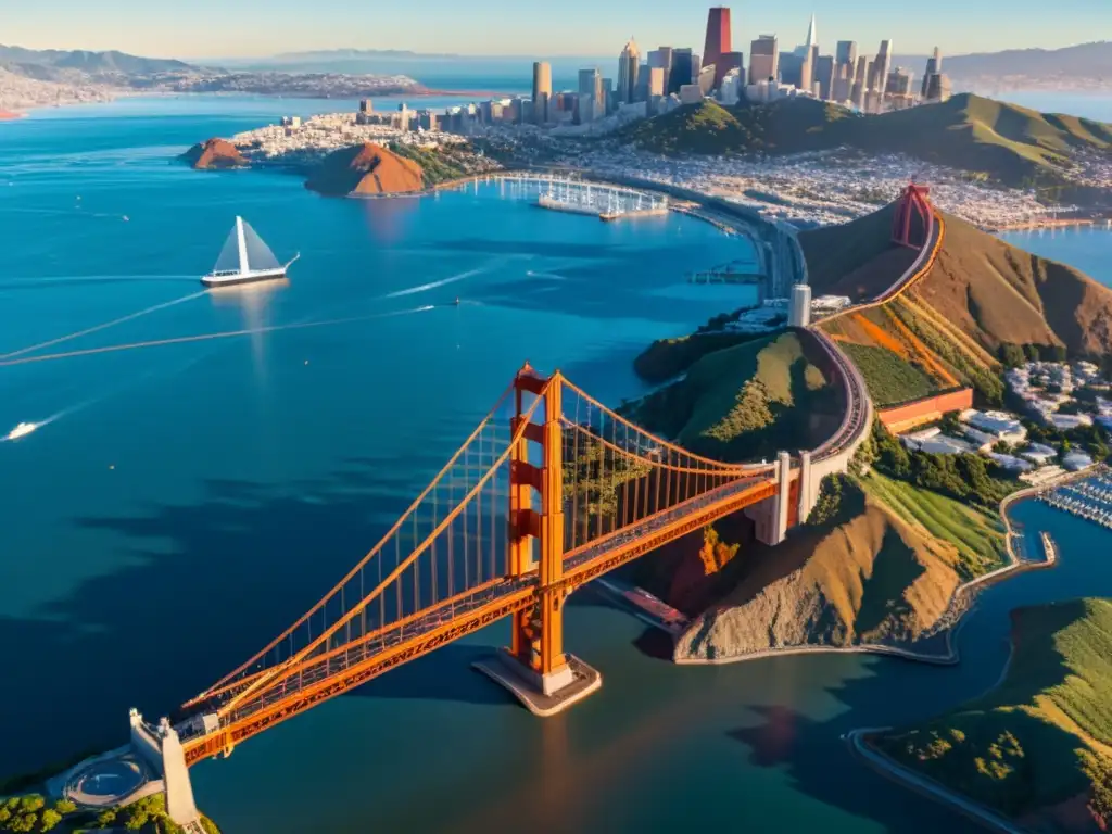 Vista 3D del Puente de la Bahía de San Francisco, con su diseño estructural y la ciudad al fondo, reflejando la luz del sol en sus detalles