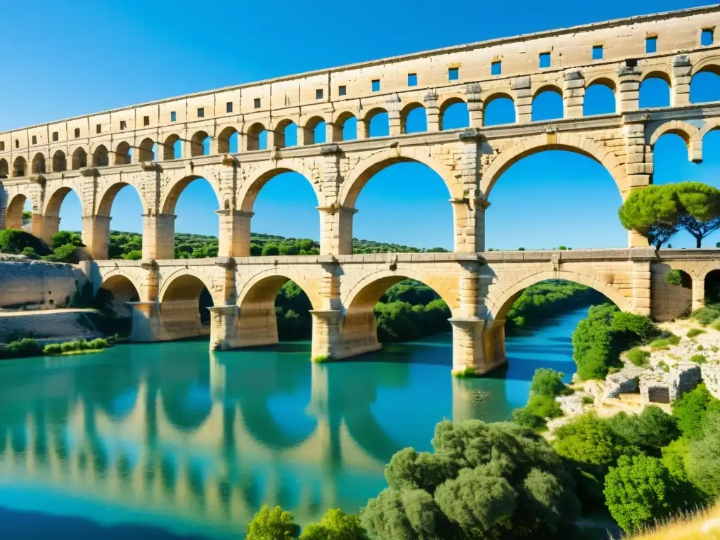 Vista en 8k del Pont du Gard, un puente icónico que fusiona historia, arquitectura y naturaleza en un paisaje cultural de gran belleza