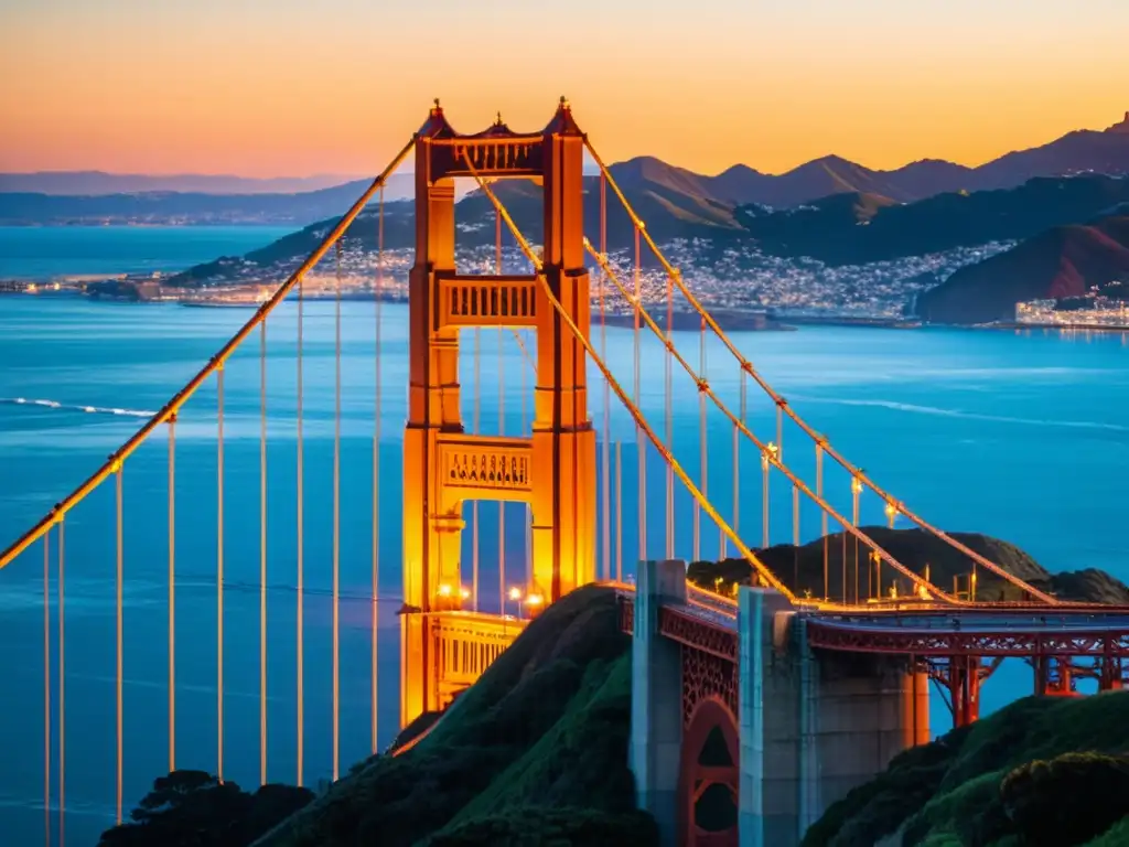 Vista de cerca del puente Golden Gate en San Francisco durante un impresionante atardecer, mostrando la evolución de los puentes a través del tiempo