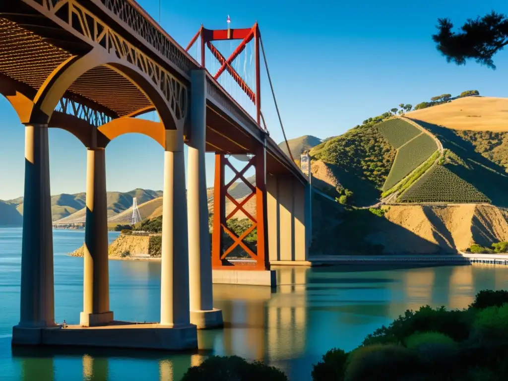 Puente Carquinez: Estructura de hierro y luz Vista del Puente Carquinez, destacando su intrincada estructura de hierro y su historia y arquitectura impresionantes, con la luz solar filtrándose entre los reflejos dramáticos en el agua