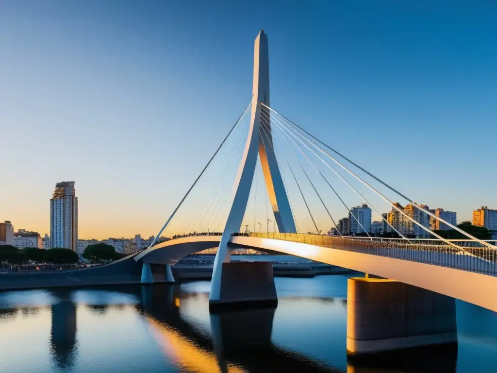 Vista 8k del Puente de la Mujer en Buenos Aires, con su elegante diseño moderno y el cálido resplandor del atardecer