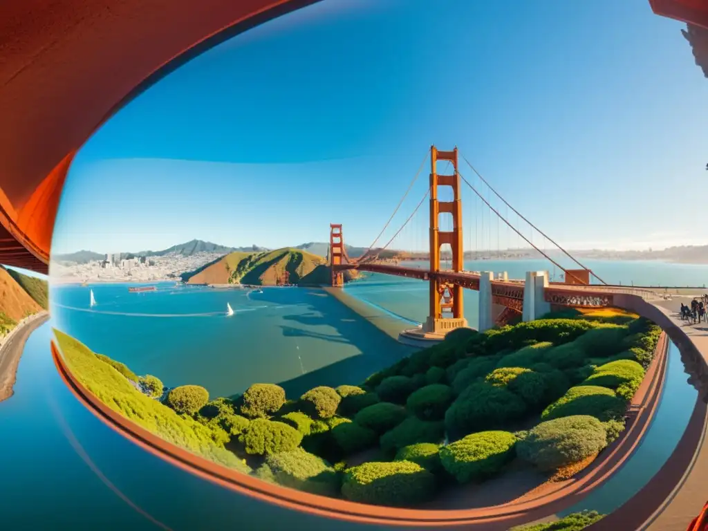 Vista en realidad aumentada del icónico puente Golden Gate, con la ciudad de San Francisco de fondo y el océano debajo