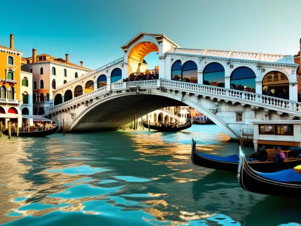 Vista de la Realidad Aumentada en el Puente de Rialto en Venecia, mostrando escenas históricas y modernas en perfecta armonía