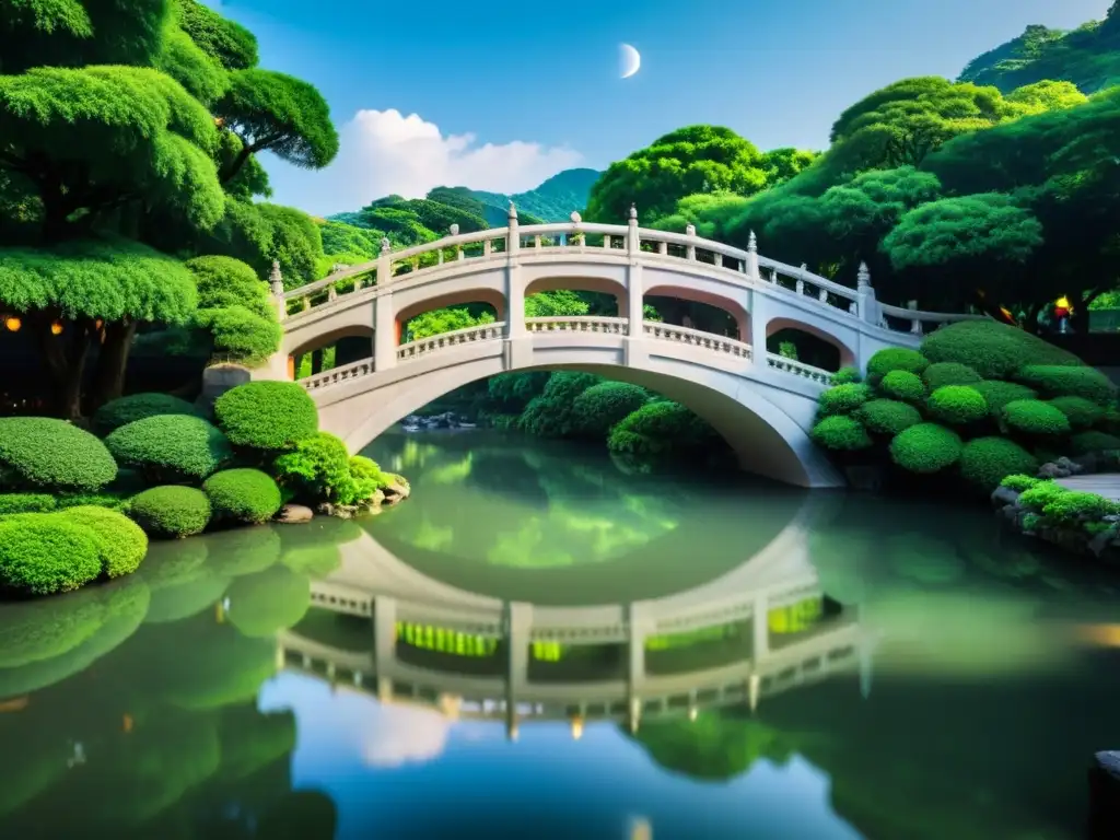 Vista serena del Puente de la Luna en Taipei en Dahu Park, con arco elegante y exuberante vegetación reflejada en el estanque