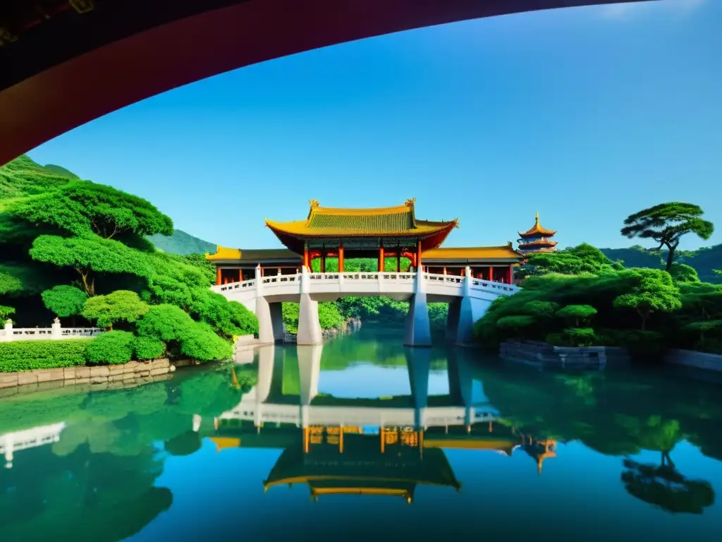 Vista serena del Puente de la Luna en Taipei, con detalles arquitectónicos y reflejos en el agua