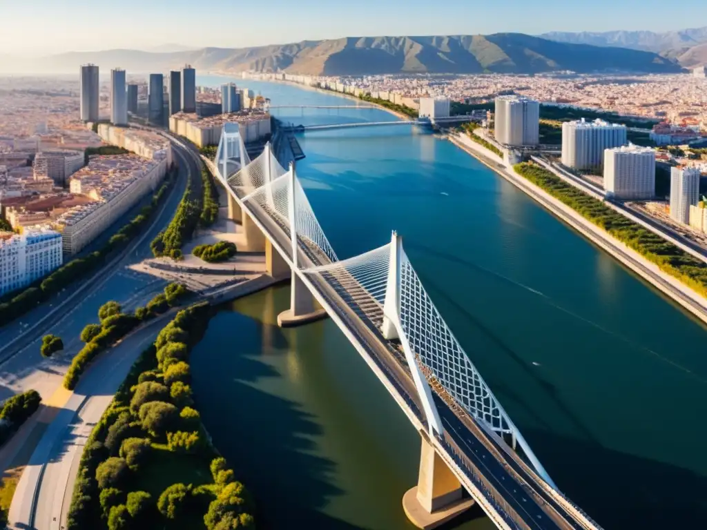 Vista tridimensional de la intrincada estructura del Puente de la Torre, resaltando su diseño en acero y cables contra el paisaje urbano