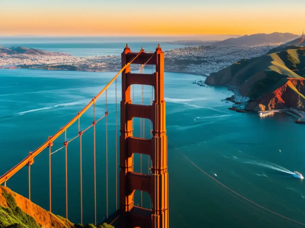 Vista única del Puente Golden Gate al atardecer con creencias populares Puente Golden Gate