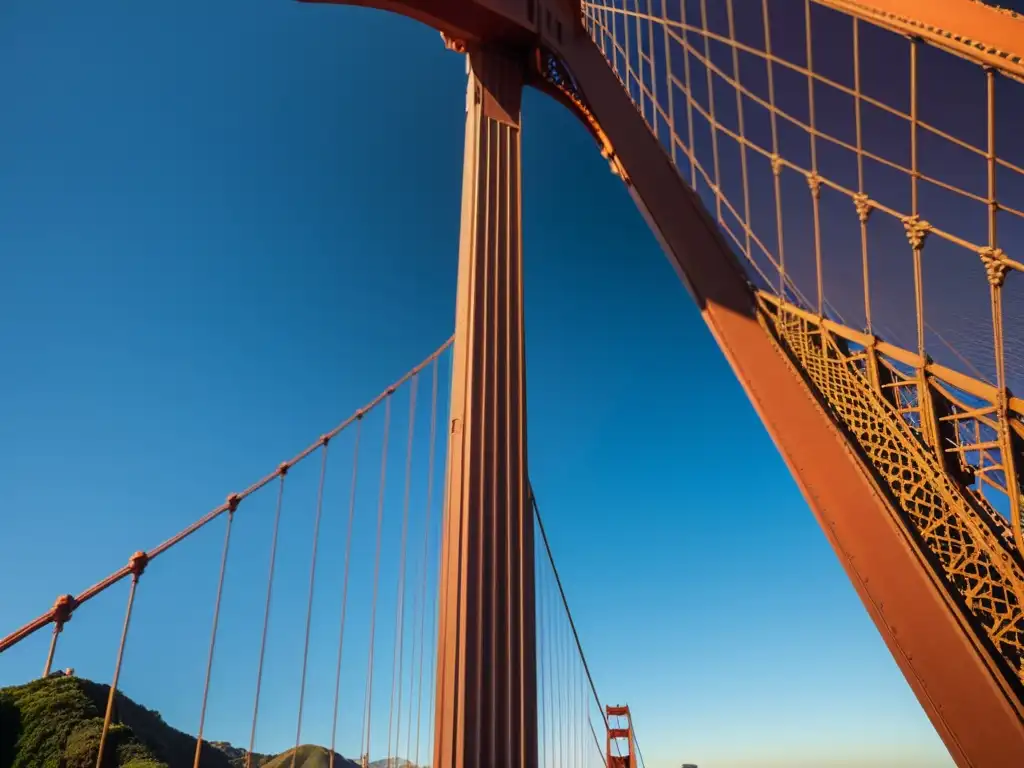 Vista única del Puente Golden Gate al atardecer resaltando sus patrones geométricos y el paisaje de la bahía de San Francisco