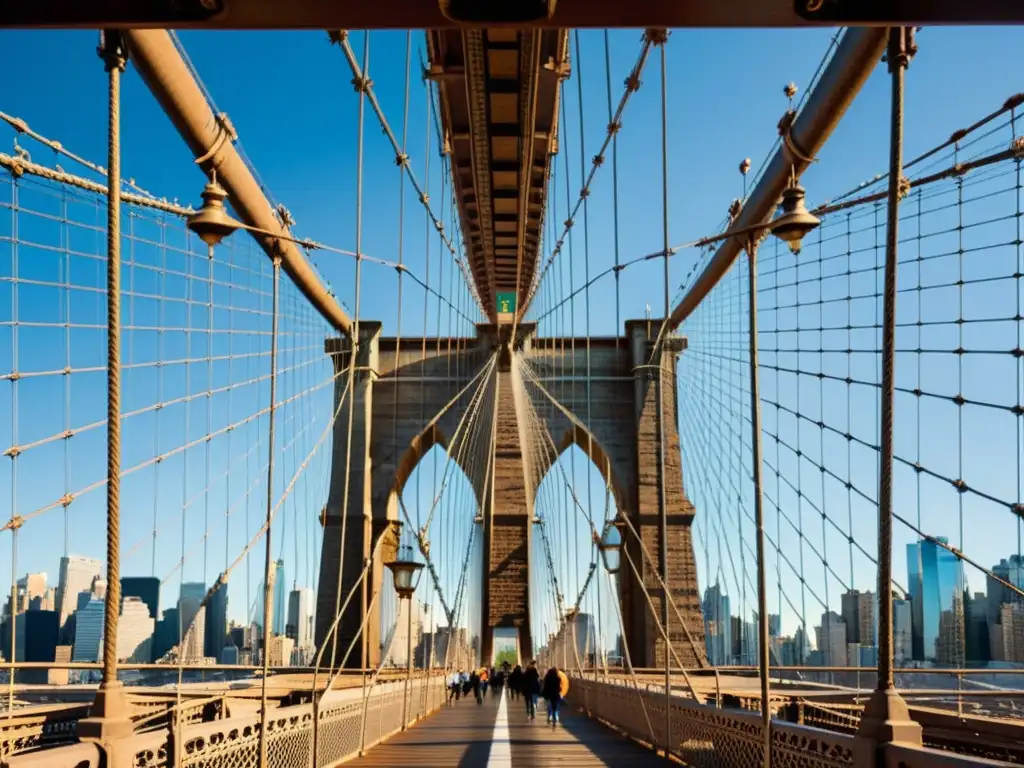 Vista única del Puente Brooklyn desde la pasarela peatonal, resaltando su arquitectura gótica y la interacción de luz y sombra