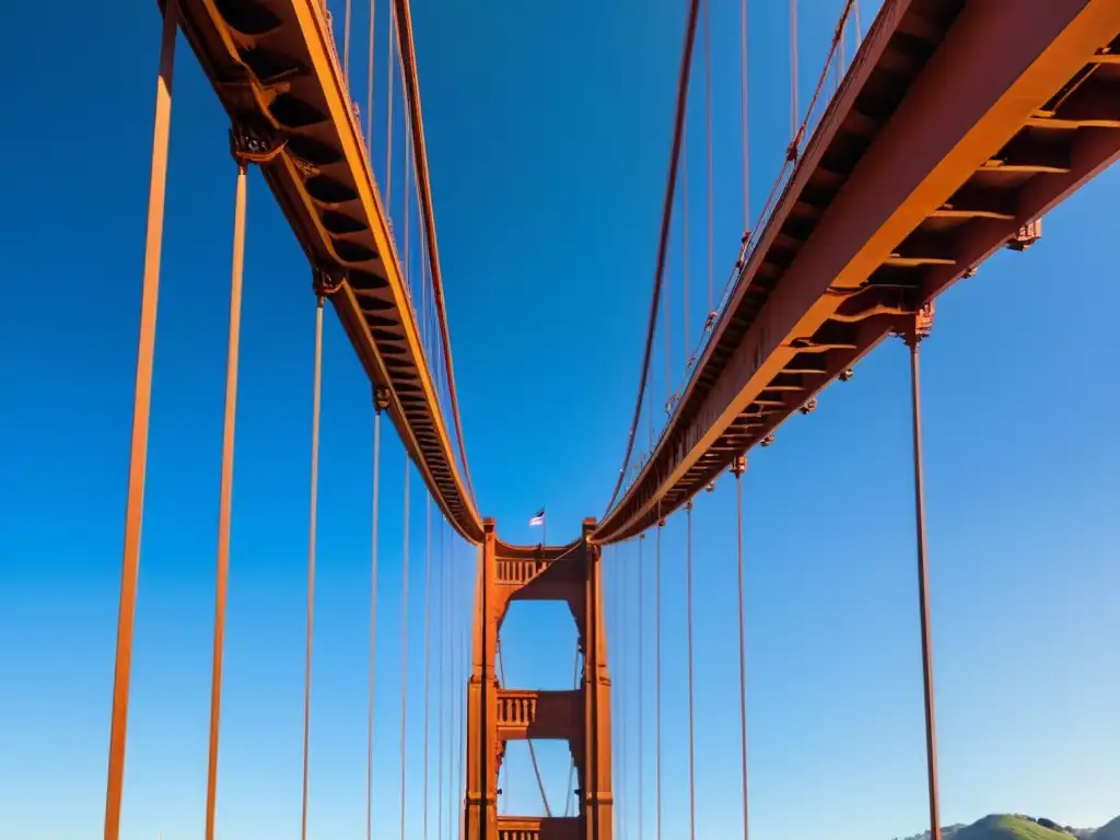 Vista única del Puente Golden Gate en San Francisco, resaltando su diseño geométrico y color rojo anaranjado