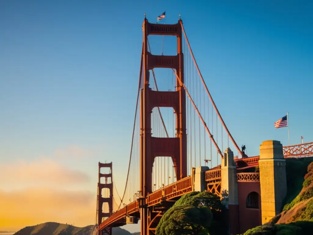 Vista única del famoso Puente Golden Gate, resaltando su arquitectura e historia con la cálida luz del atardecer