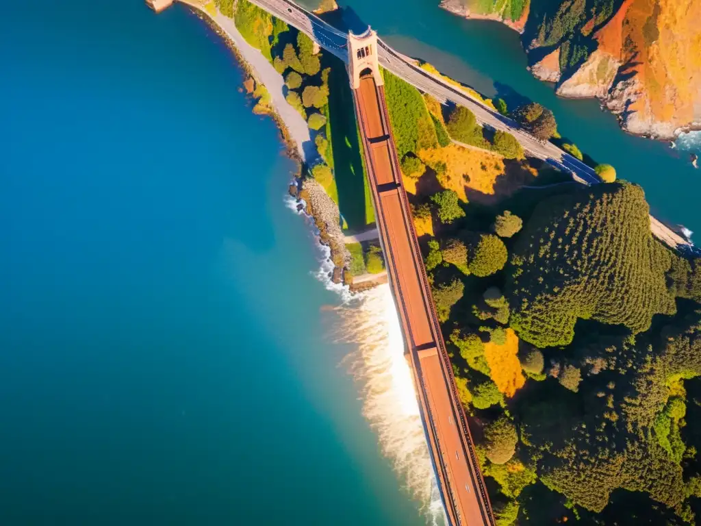 Vista única de Puente Golden Gate en San Francisco, realzando su grandiosidad y diseño, con la ciudad y naturaleza alrededor