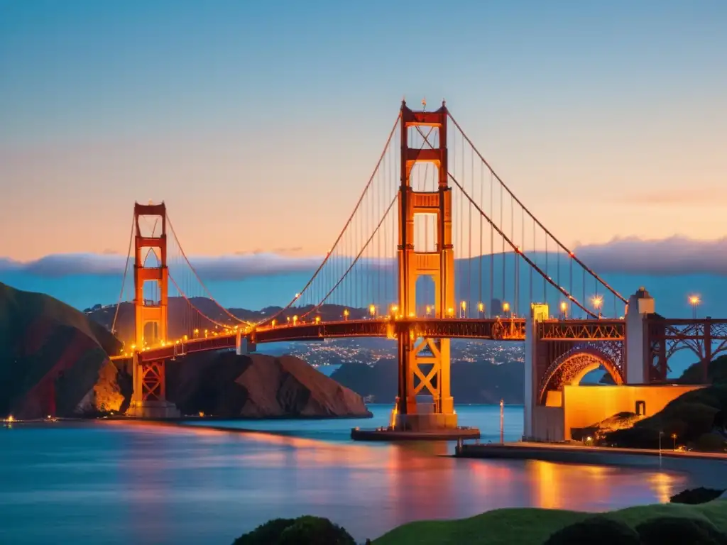 Vista única del Puente Golden Gate al anochecer, con su icónica estructura rojo anaranjada destacando sobre las aguas tranquilas de la bahía