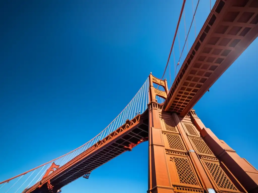 Vista única del Puente Golden Gate en San Francisco, resaltando su icónica estructura rojo anaranjada y el impresionante entorno