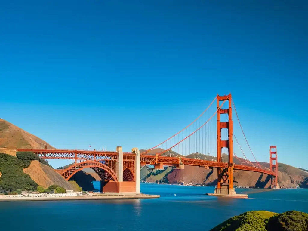 Vista única del icónico Puente Golden Gate en San Francisco, resaltando su arquitectura e integración con la naturaleza