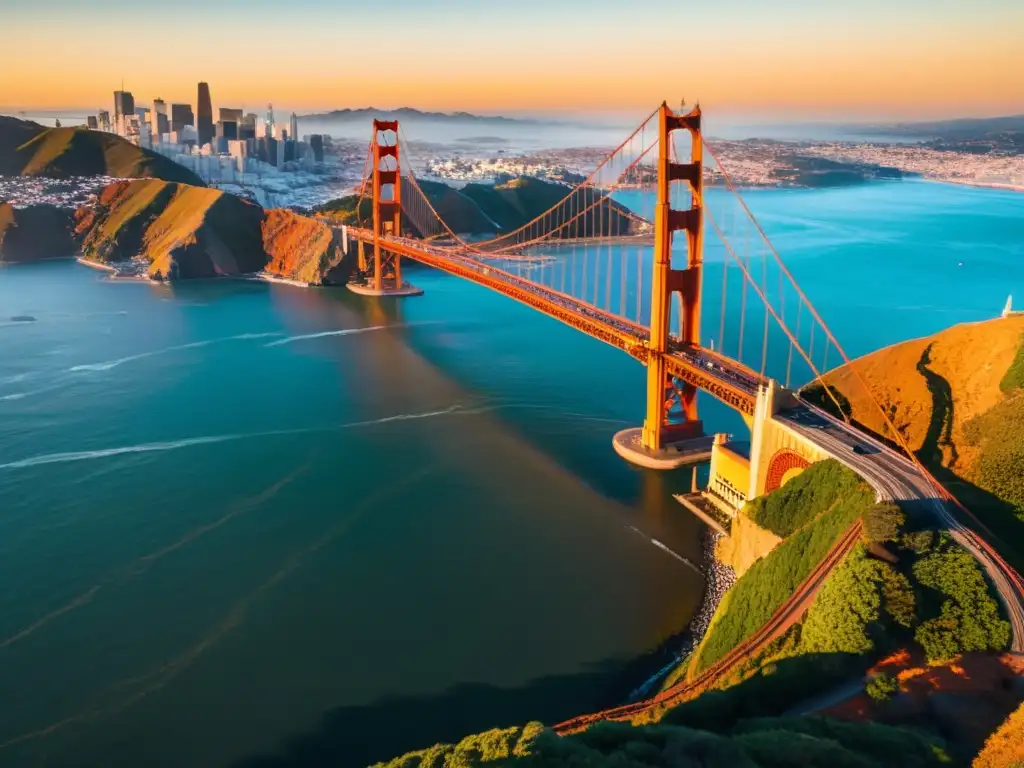 Vista única del icónico Puente Golden Gate al atardecer, bañado en cálida luz dorada