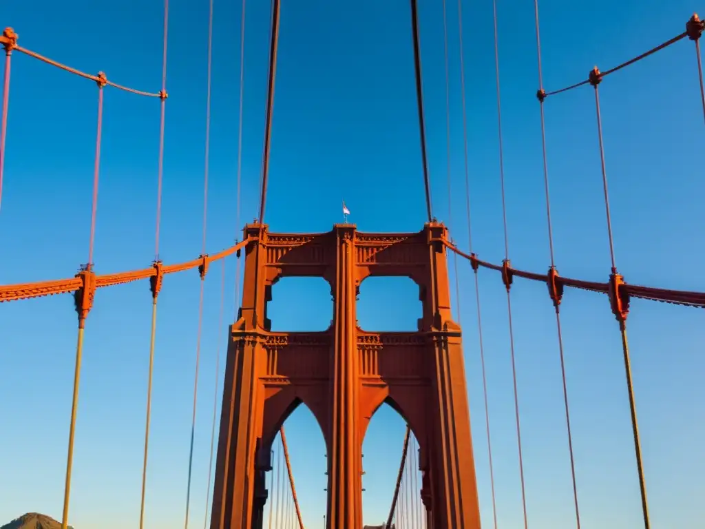 Vista única del icónico Puente Golden Gate al atardecer, destacando su arquitectura