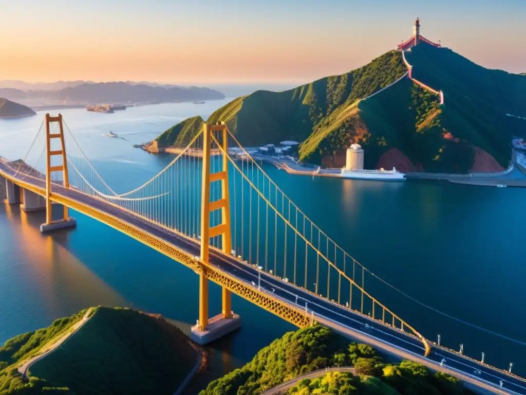 Vista única del icónico Puente Akashi Kaikyo, bañado por la cálida luz del atardecer