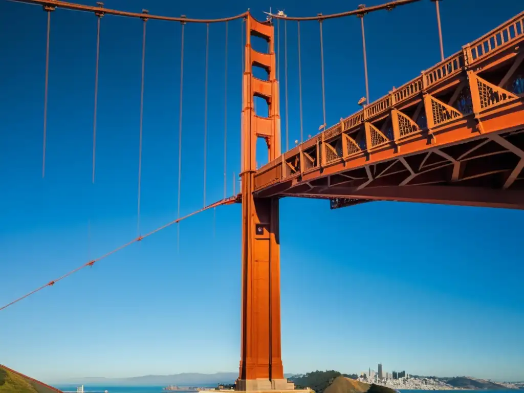 Vista única del Puente Golden Gate en San Francisco, resaltando su icónico color naranja y su innovador diseño