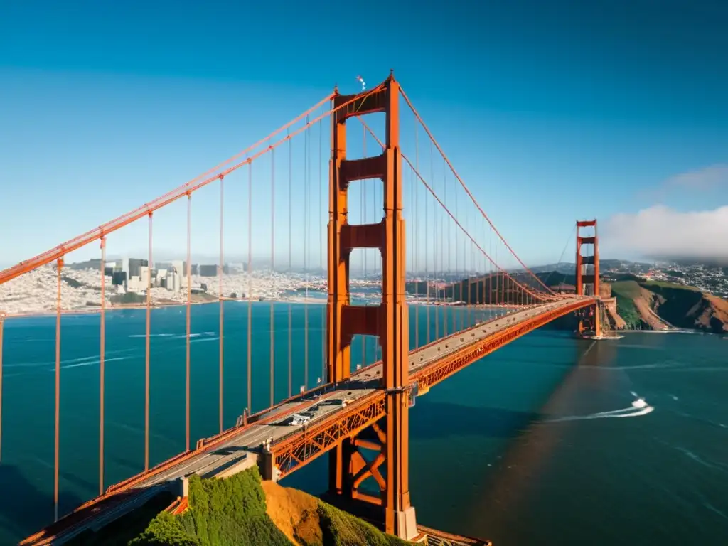 Vista única del icónico Puente Golden Gate en San Francisco, destacando sus detalles arquitectónicos e ingenieriles