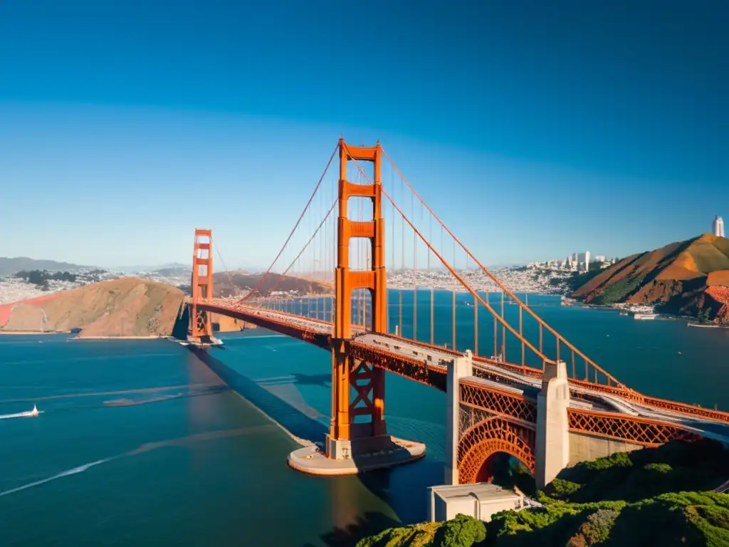 Vista única del icónico Puente Golden Gate en San Francisco, resaltando su estructura anaranjada contra el horizonte de la ciudad