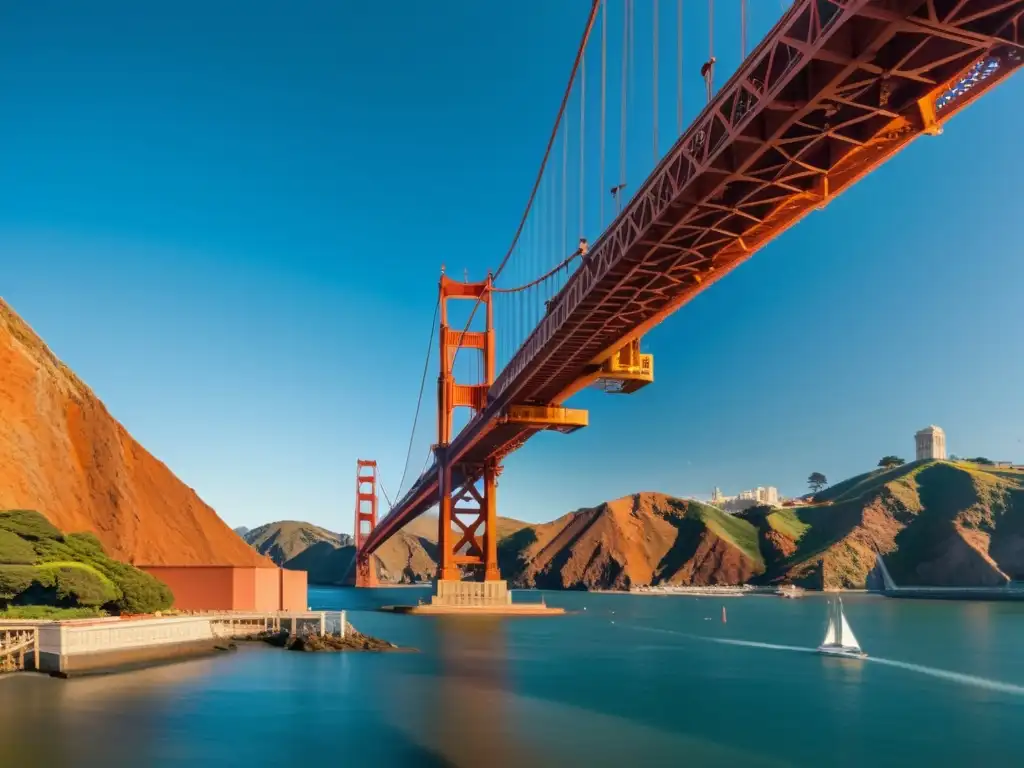 Vista única del icónico Puente Golden Gate de San Francisco, resaltando su ingeniería y color rojo anaranjado