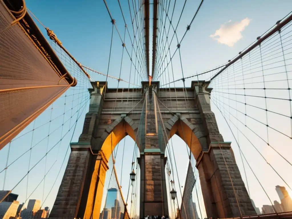 Vista única del icónico Puente de Brooklyn en Nueva York, bañado por la cálida luz del sol