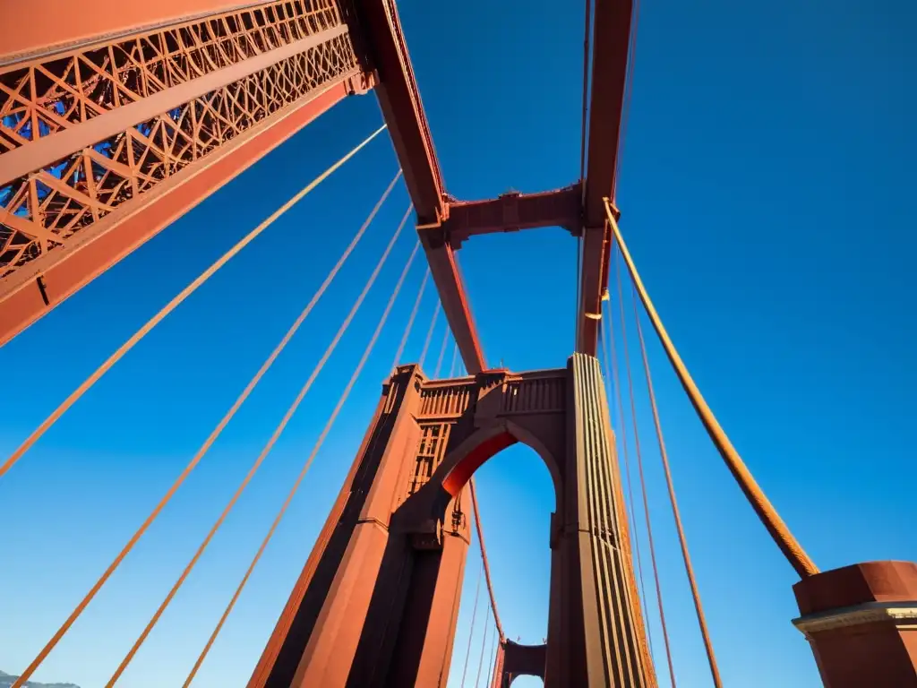 Vista única del intrincado cableado y estructura de acero del Puente Golden Gate, resaltando su grandiosidad y precisión