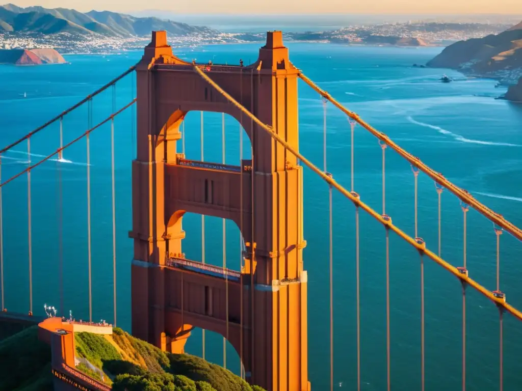 Vista única del Puente Golden Gate en San Francisco, con patrones geométricos y la silueta de la ciudad al fondo