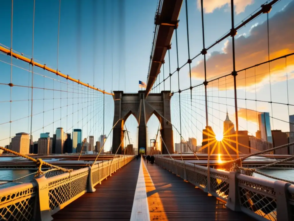 Vista única del Puente Brooklyn al amanecer, con sus cables de acero y arcos góticos destacados contra un cielo vibrante