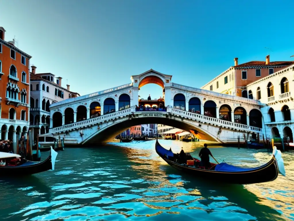 Vista única del Puente de Rialto en Venecia, con detalles arquitectónicos y la atmósfera dinámica de Exposiciones diseño puentes célebres