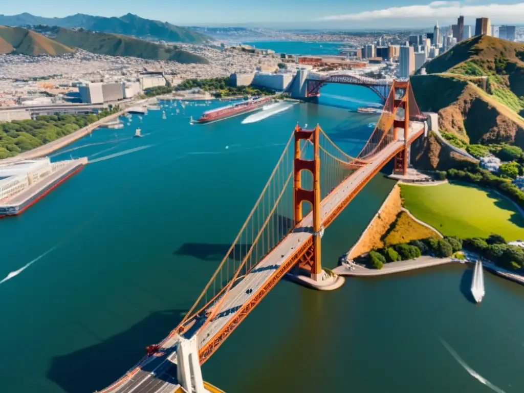 Vista única de un puente icónico en realidad aumentada, fusionando diseño arquitectónico con entorno urbano o natural