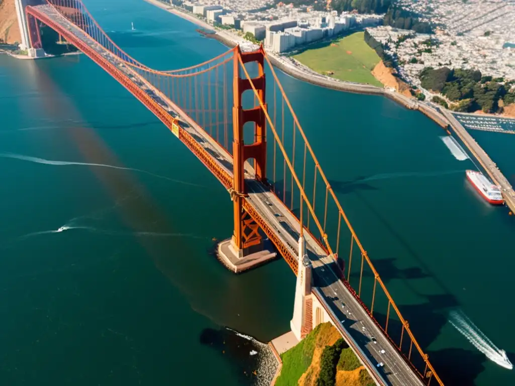 Una vista única de puente icónico del mundo, el Golden Gate en San Francisco, destacando su imponente arquitectura y color rojo anaranjado