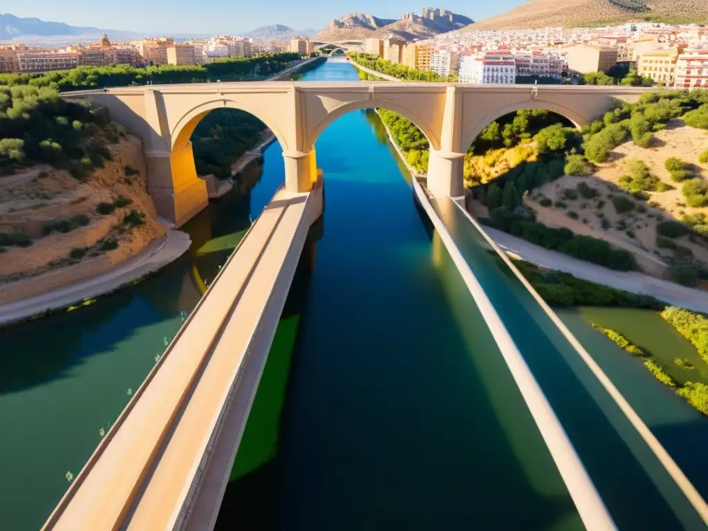 Vista única del Puente de los Peligros en Murcia, resaltando su diseño arquitectónico e histórico, con una atmósfera atemporal y rica en cultura