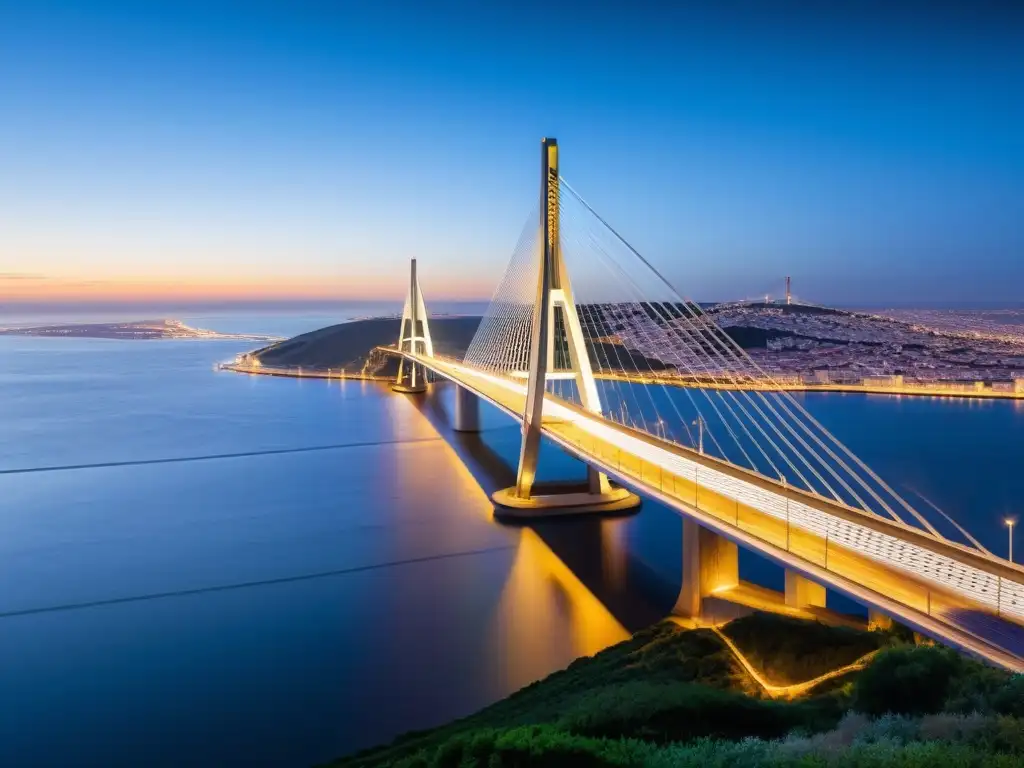 Vista única del Puente Vasco da Gama en Lisboa al atardecer, bañado por una cálida luz dorada