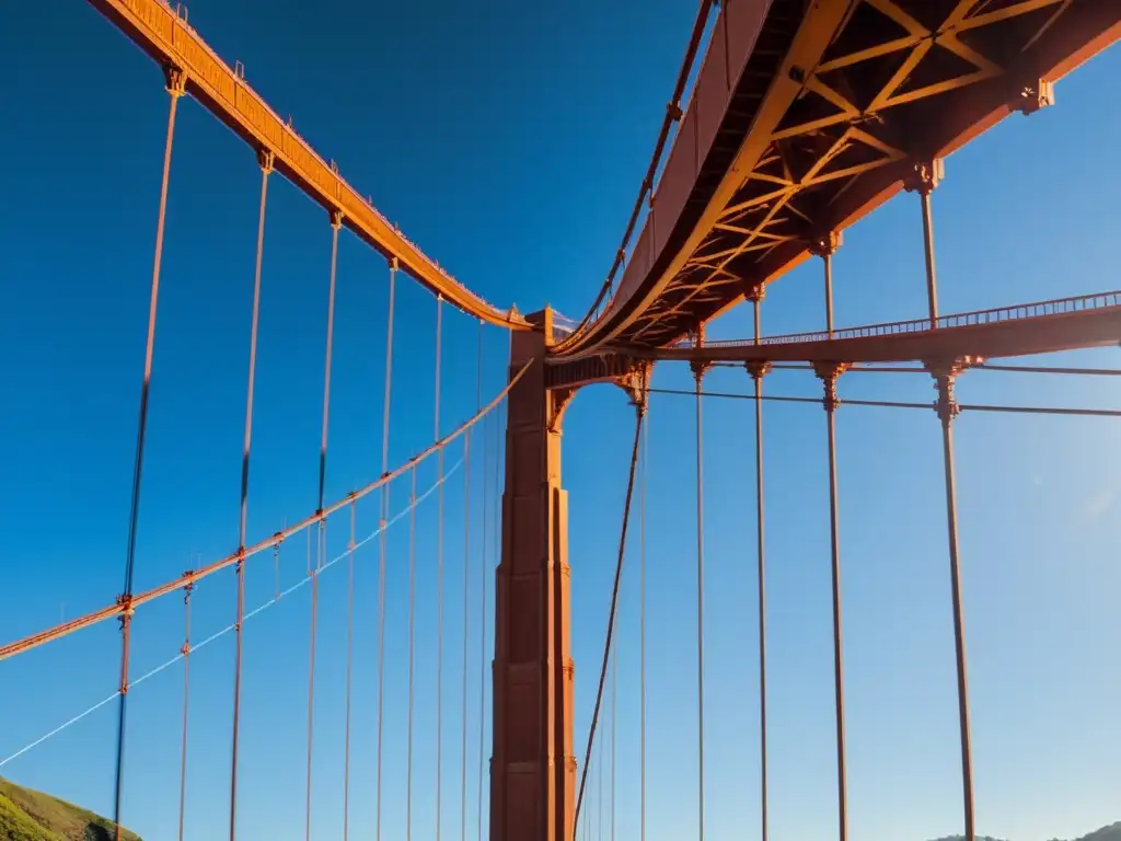 Vista única de los secretos estructurales del famoso puente Golden Gate, resaltando su compleja red de soportes y cables, bañada por la luz del sol