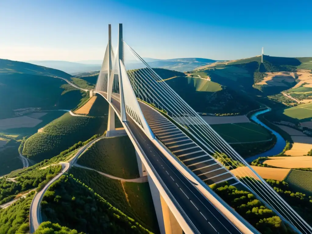 Una vista única del Viaducto de Millau, resaltando su elegante diseño innovador y su imponente altura